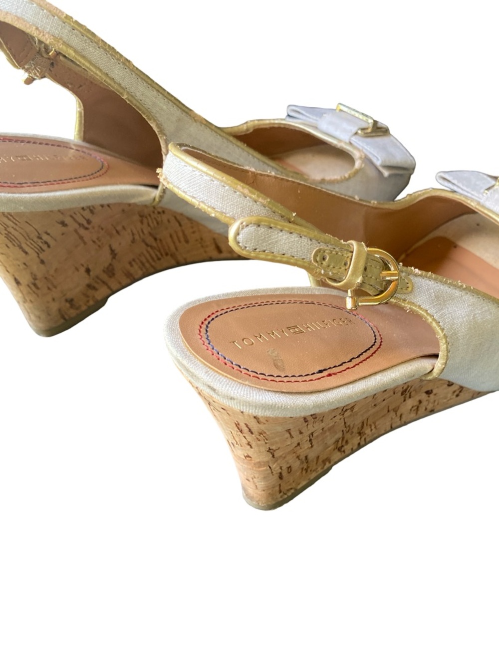 Tommy Hilfiger Linen Peep-Toe Slingback Wedges with a Gold Buckle